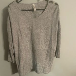 Grey lightweight sweater w black trim w gold  hoops down the sleeves